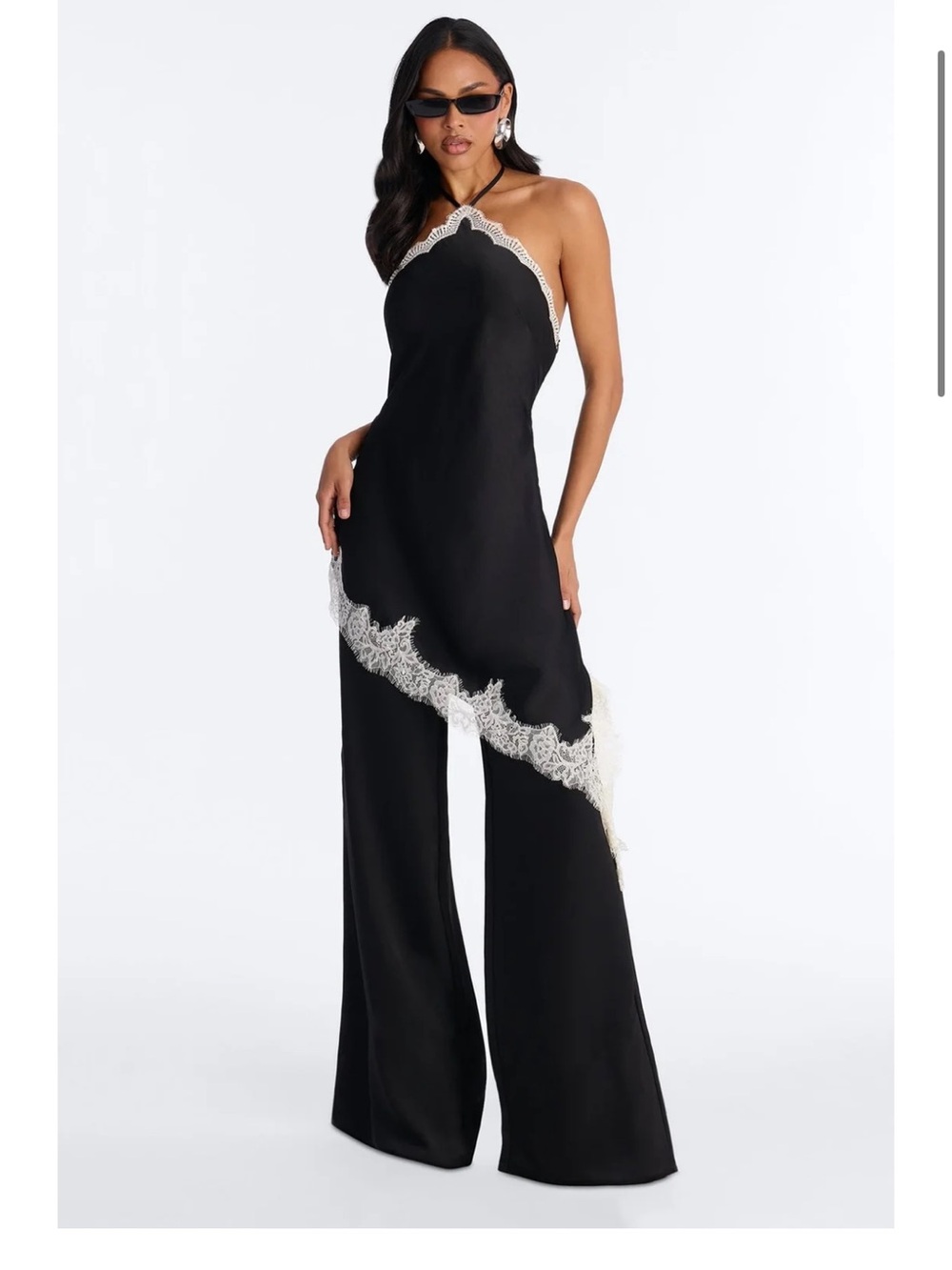 Black Halter Jumpsuit with Cream Lace Trim
